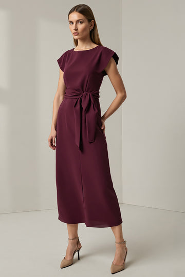 Dark Red Sheath Midi Work Dress with Sash